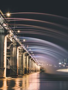 Preview wallpaper bridge, fountain, backlight, river, night, architecture