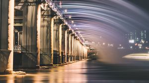 Preview wallpaper bridge, fountain, backlight, river, night, architecture