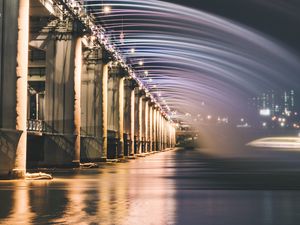 Preview wallpaper bridge, fountain, backlight, river, night, architecture