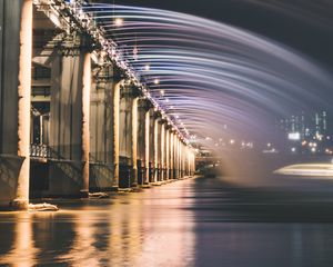 Preview wallpaper bridge, fountain, backlight, river, night, architecture