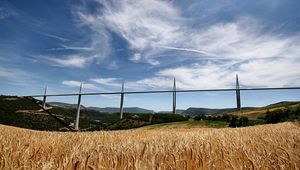 Preview wallpaper bridge, france, field, agriculture, rye, wheat