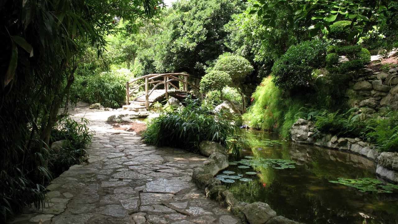 Wallpaper bridge, garden, path, pond, water-lilies, greens, stones