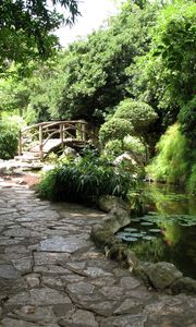 Preview wallpaper bridge, garden, path, pond, water-lilies, greens, stones