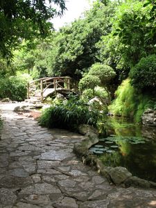 Preview wallpaper bridge, garden, path, pond, water-lilies, greens, stones