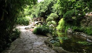 Preview wallpaper bridge, garden, path, pond, water-lilies, greens, stones