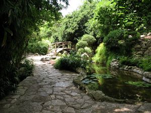 Preview wallpaper bridge, garden, path, pond, water-lilies, greens, stones