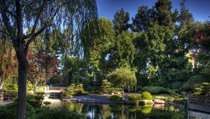 Preview wallpaper bridge, garden, trees, pond, sky