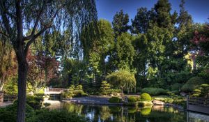 Preview wallpaper bridge, garden, trees, pond, sky