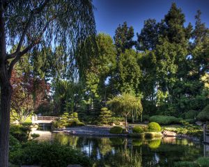 Preview wallpaper bridge, garden, trees, pond, sky