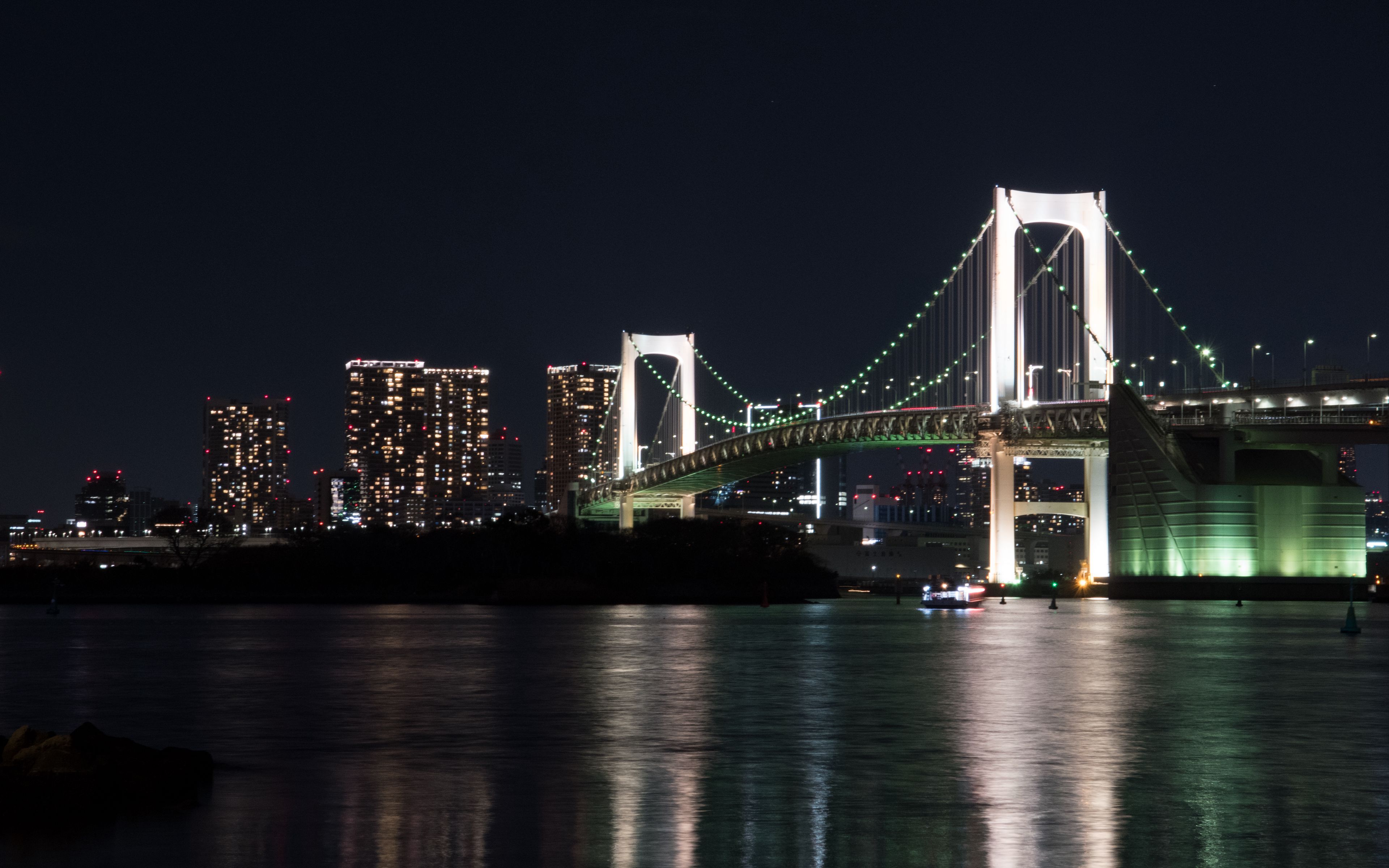 Download wallpaper 3840x2400 bridge, glow, lights, river, night 4k ...