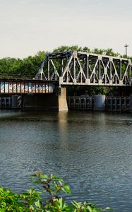 Preview wallpaper bridge, graffiti, river, leaves