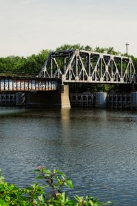 Preview wallpaper bridge, graffiti, river, leaves