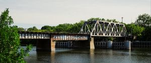 Preview wallpaper bridge, graffiti, river, leaves