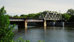 Preview wallpaper bridge, graffiti, river, leaves