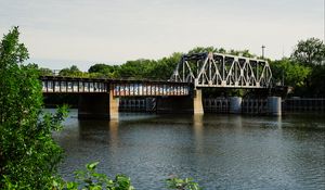 Preview wallpaper bridge, graffiti, river, leaves