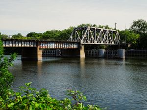 Preview wallpaper bridge, graffiti, river, leaves