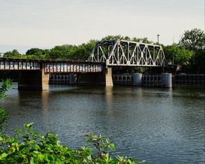 Preview wallpaper bridge, graffiti, river, leaves