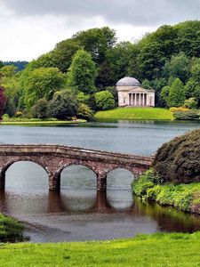 Preview wallpaper bridge, greens, construction, trees, park, water