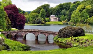 Preview wallpaper bridge, greens, construction, trees, park, water