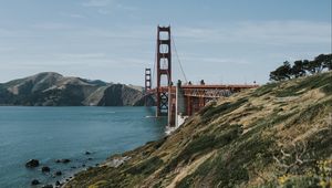 Preview wallpaper bridge, hills, water, coast, san francisco