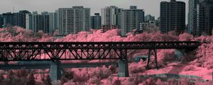 Preview wallpaper bridge, houses, buildings, trees, city, pink