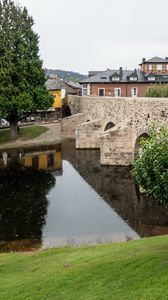 Preview wallpaper bridge, houses, river, trees