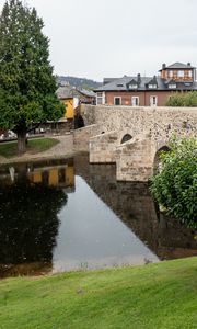 Preview wallpaper bridge, houses, river, trees