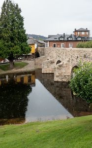 Preview wallpaper bridge, houses, river, trees