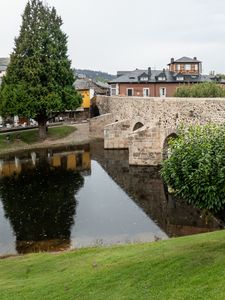 Preview wallpaper bridge, houses, river, trees