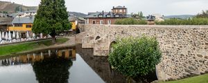 Preview wallpaper bridge, houses, river, trees