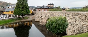 Preview wallpaper bridge, houses, river, trees