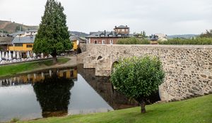 Preview wallpaper bridge, houses, river, trees