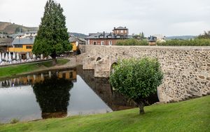 Preview wallpaper bridge, houses, river, trees