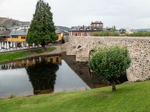 Preview wallpaper bridge, houses, river, trees