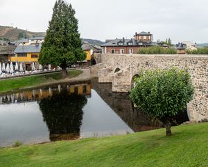 Preview wallpaper bridge, houses, river, trees