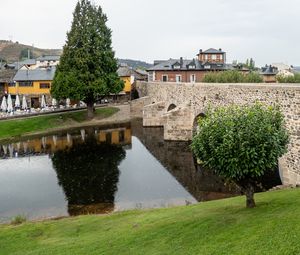Preview wallpaper bridge, houses, river, trees