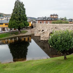 Preview wallpaper bridge, houses, river, trees