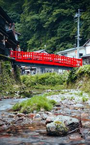 Preview wallpaper bridge, houses, stream, trees