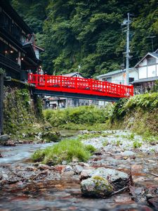 Preview wallpaper bridge, houses, stream, trees