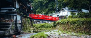 Preview wallpaper bridge, houses, stream, trees