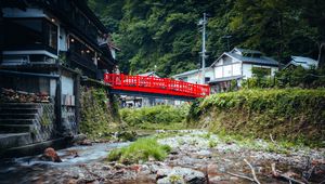Preview wallpaper bridge, houses, stream, trees