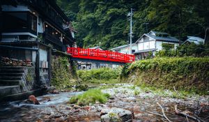 Preview wallpaper bridge, houses, stream, trees