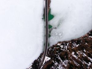 Preview wallpaper bridge, ice, aerial view, river, shore