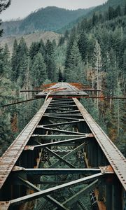 Preview wallpaper bridge, iron, mountains, forest, trees