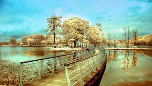 Preview wallpaper bridge, island, transition, trees, river, colors