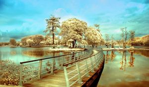 Preview wallpaper bridge, island, transition, trees, river, colors