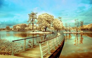 Preview wallpaper bridge, island, transition, trees, river, colors