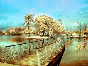 Preview wallpaper bridge, island, transition, trees, river, colors