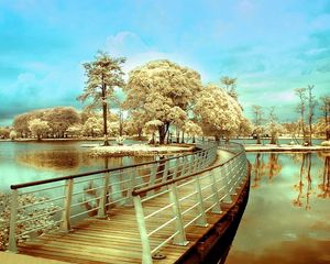 Preview wallpaper bridge, island, transition, trees, river, colors