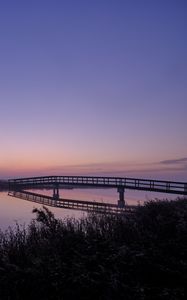 Preview wallpaper bridge, lake, dusk, landscape, purple